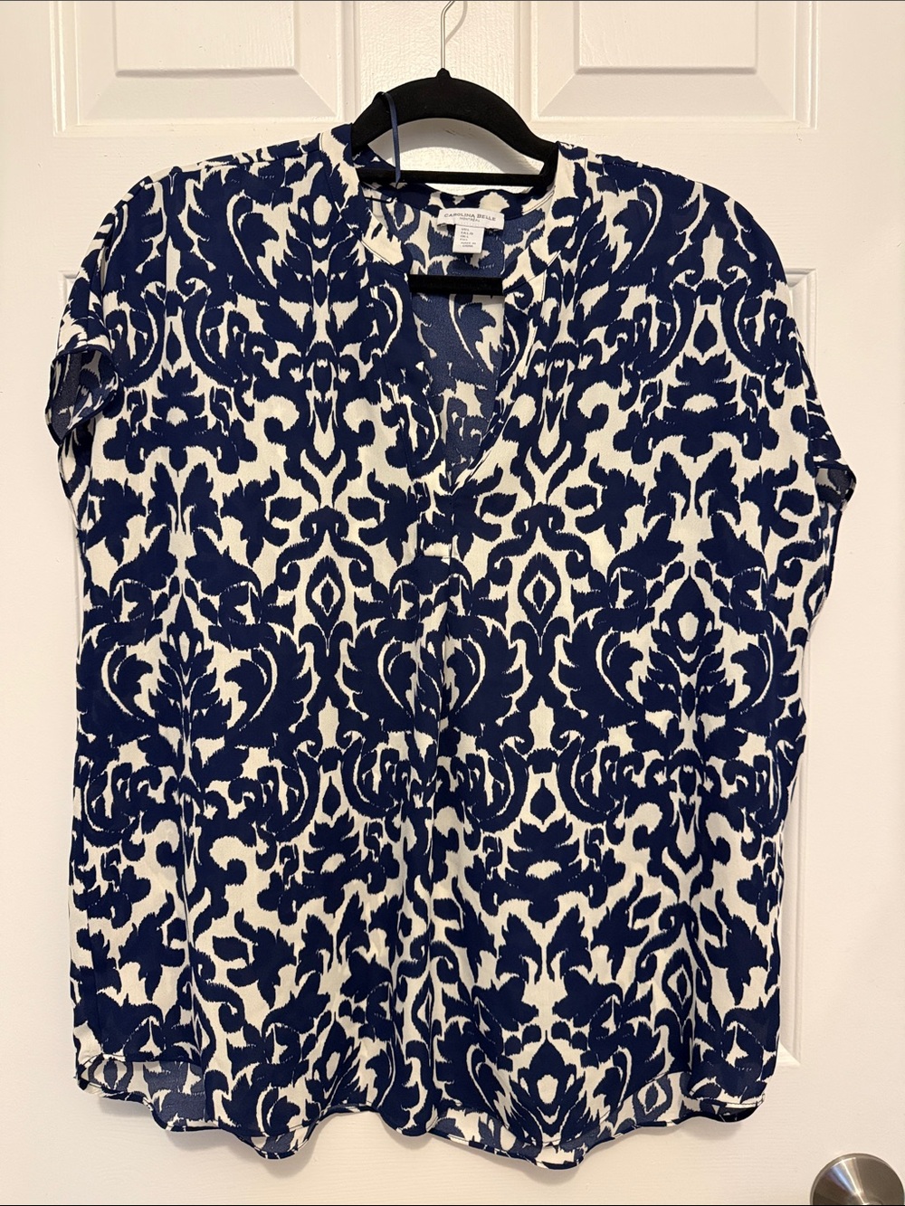 Carolina Belle Navy and White Printed V-Neck Blouse